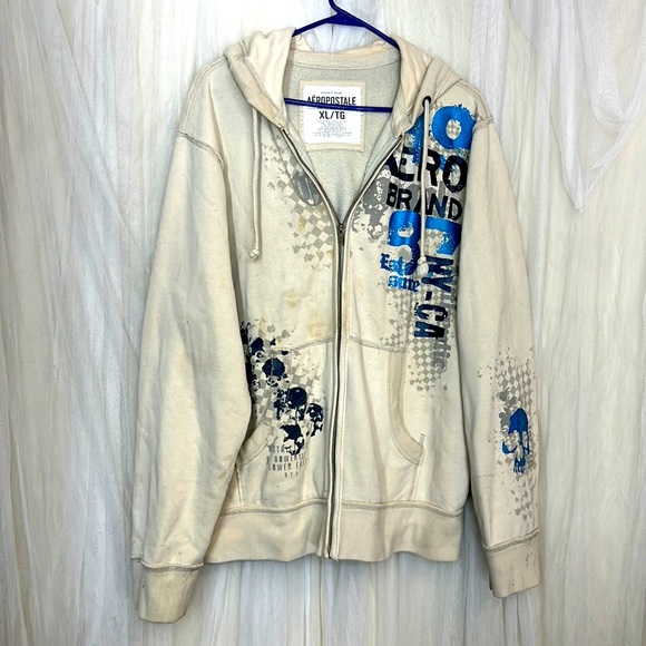 ⭐️ Aeropostale Y2K cream zip up long sleeve hoodie black blue & gray print XL - Picture 1 of 16